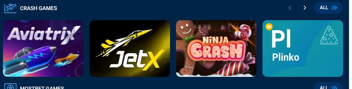 Sekce Crash games v lobby Mostbet casina s hrami Aviatrix a JetX