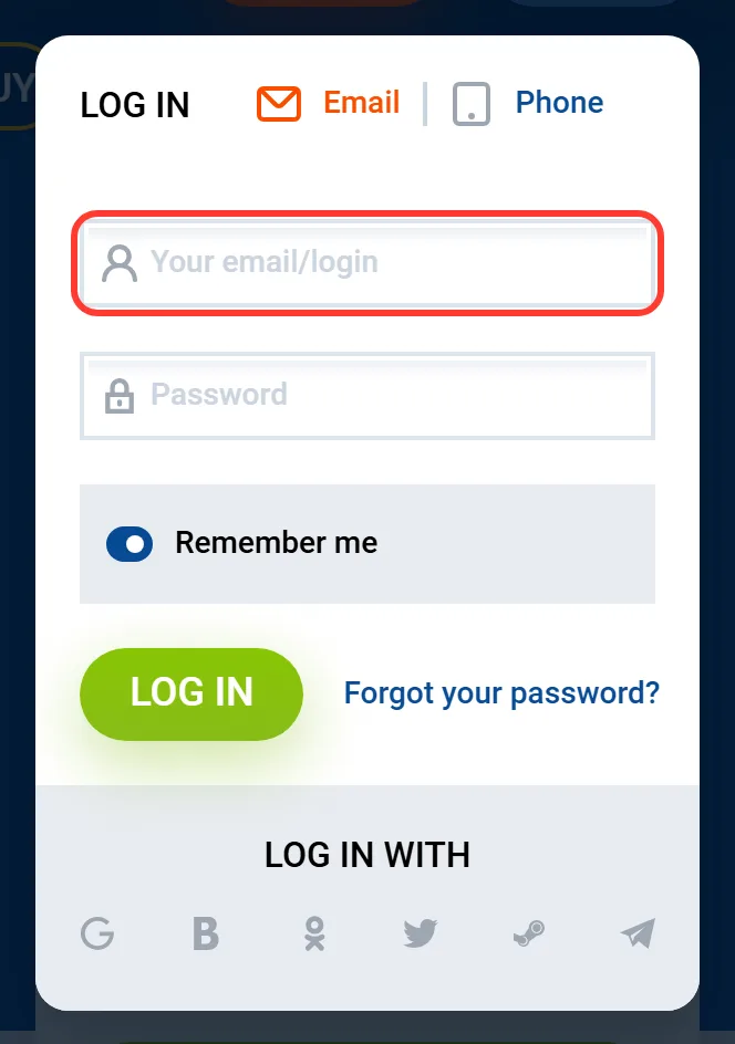 Zadání e-mailu nebo uživatelského jména při Mostbet login