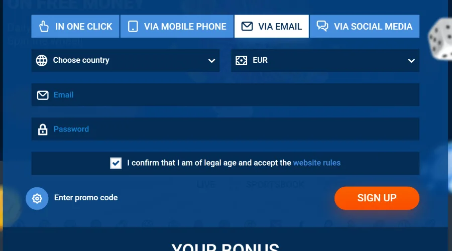 Registrace Mostbet přes e-mail s volbou země, měny a promo kódu